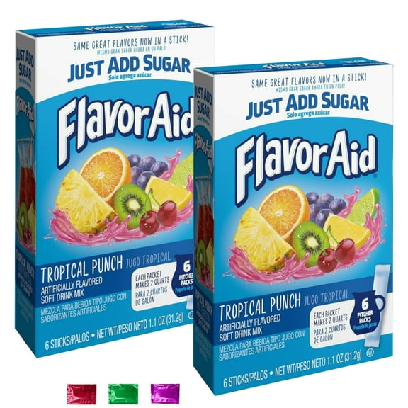 Flavor Aid Tropical Punch Unsweetened Drink Mix Pitcher Packets (12 Servings Total, 2 Boxes) No Sugar No Calories Powdered Sticks for Travel Gym Beach Pool w/ Snoep in Beperkte Oplage