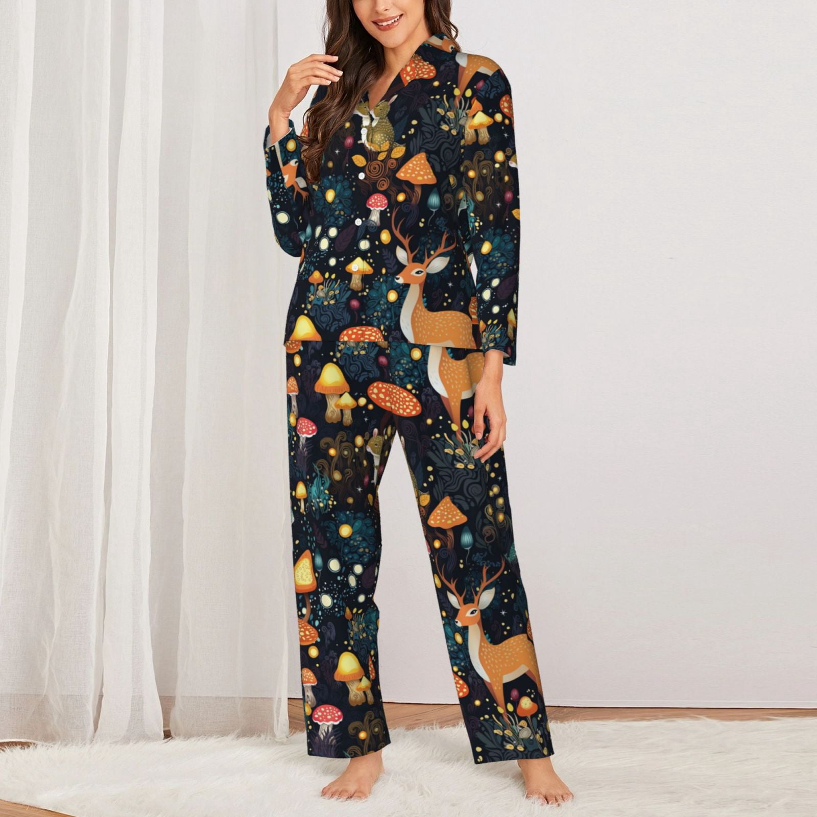 Pajamas for Women Set - Forest elf Comfy Long Sleeve Button Up Pajama Sets for Women 2 Piece, Soft Sleepwear Nightwear Pjs Lounge Sets for Women with Pockets