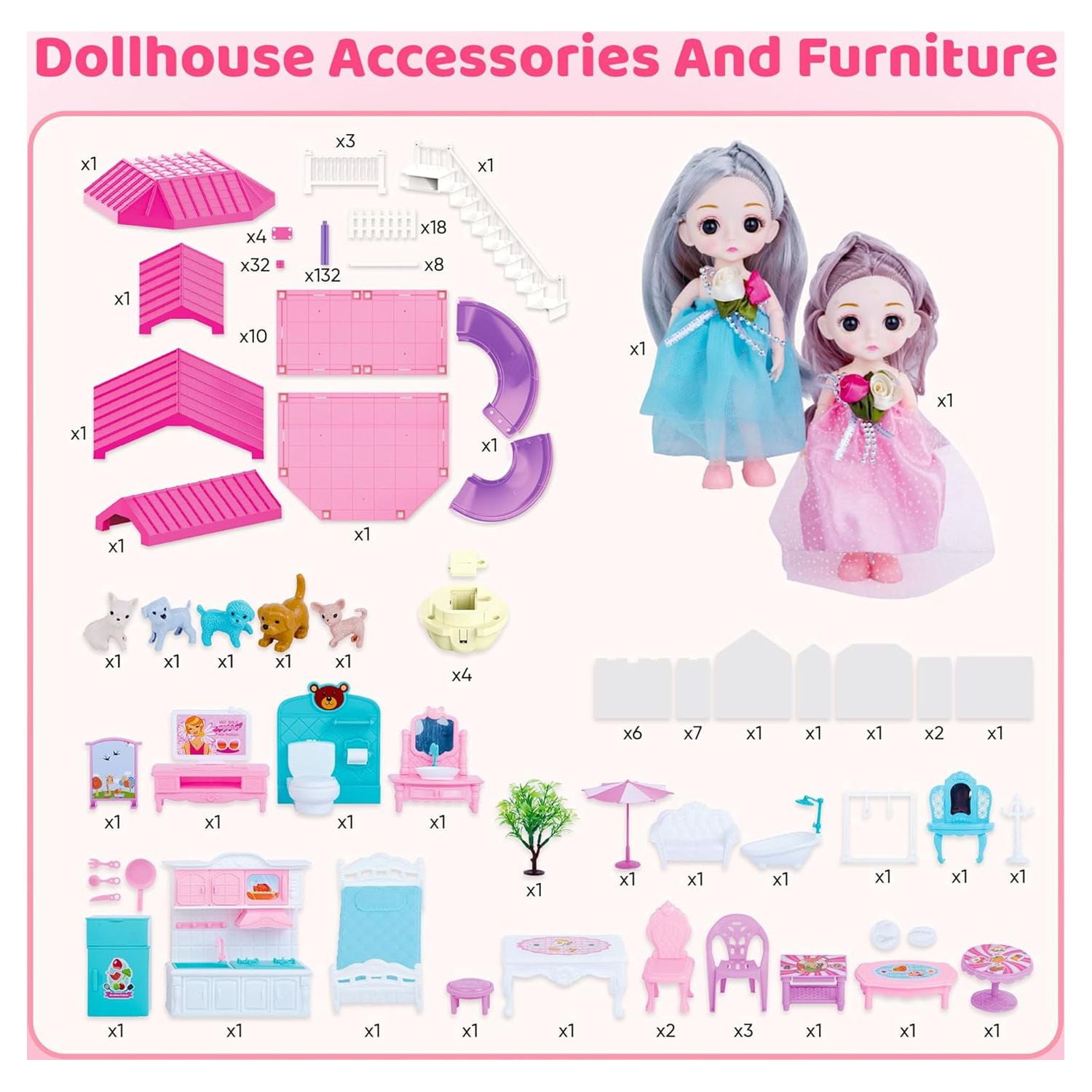 Beefunni 36 inch Dollhouse Playset Girl Toys, 11 Rooms with Doll