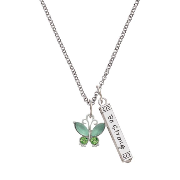 Delight Jewelry Silvertone Butterfly with Green Wings Silvertone Be Strong and Courageous Bar Charm Necklace, 23"