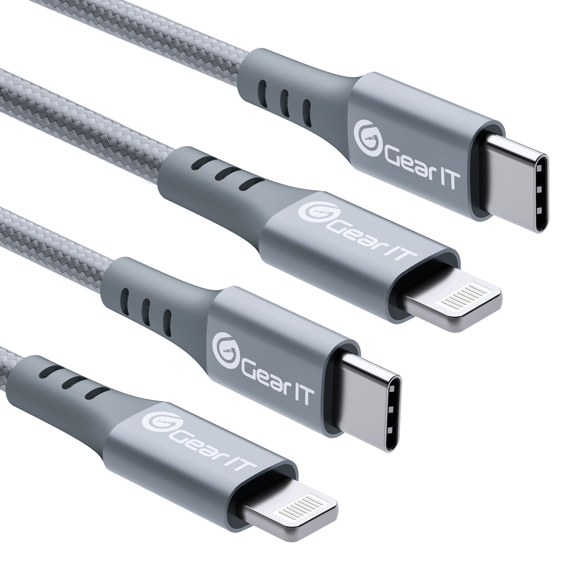 GEARit Lightning to USB-C Cable, MFi Certified Nylon Braided Fast Charging Cable for iPhone 12, 11, iPad, Silver, 3 ft, 2 pack
