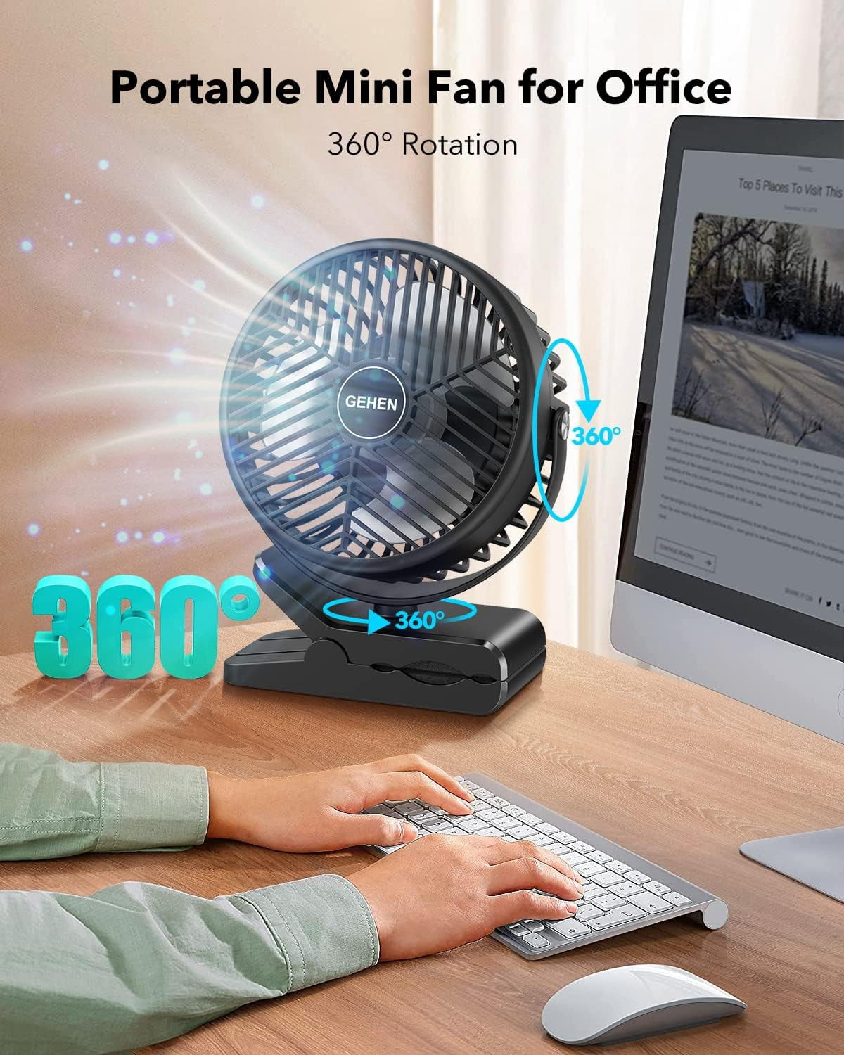 Portable 3-Speed Clip-on camping Fan with Sturdy Clamp 10000mAh Battery-Powered Clip Fan Rechargeable Ultra-Quiet for Bedroom Office Camping & Stroller