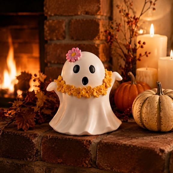 Liamobondopolis Summerween Floral Ghost Figures with Handmade Daisy Garland 4.7 Inch Matte Resin Tabletop Statue Vintage Halloween Decor for Indoor Halloween Decor Mantel Fireplace Shelf