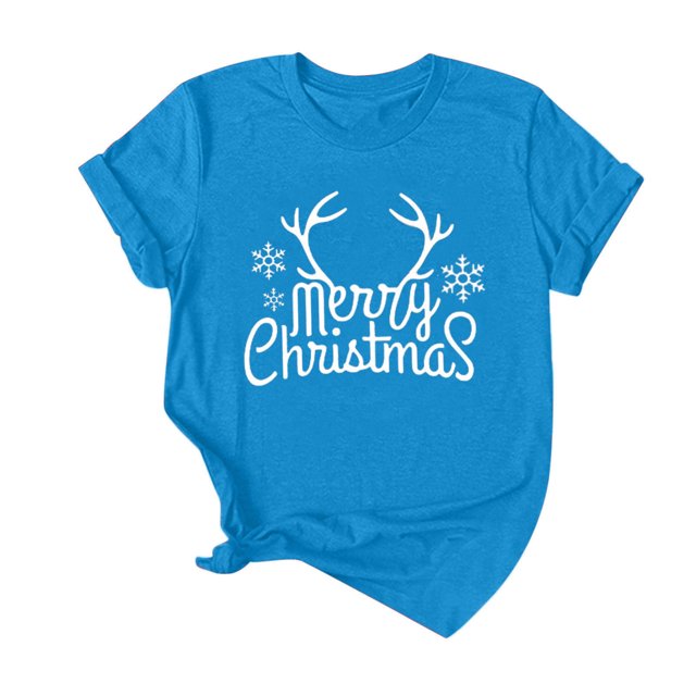 Gibobby Camisas de Navidad para mujer Nuck Round Christmas Top Sleeve Mujer impresión suelta T-camisa corta mujer rubia(Azul,XG)