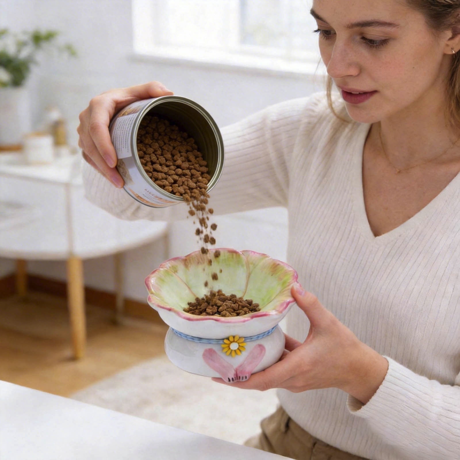 FTsdfkl Tilted Cat Bowl 15Â° - Ceramic Elevated Pet Food Dish, Elevated Floral Pattern,Non- Base for Cats/Dogs,Shallow Design,Anti Vomiting & Protect Pet's Spine