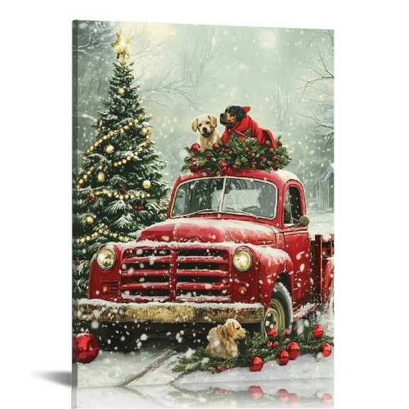 Patifu Dog Christmas Tree Red Truck Canvas Wall Art Decor 12x16 in