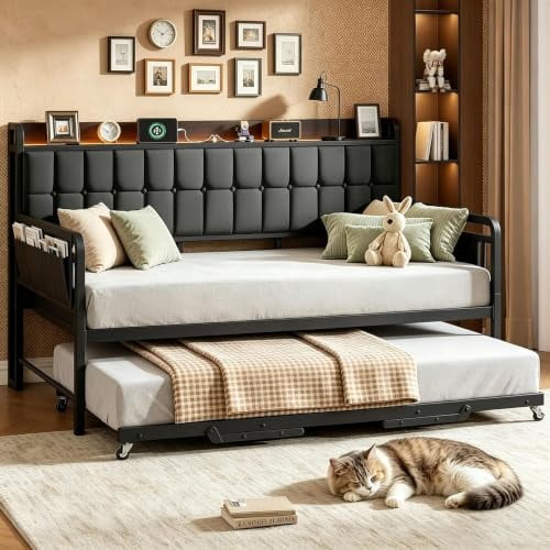 Twin Daybed Frame with Trundle Bed, LED Lighting and Built‑in Charging Station for Guest Room
