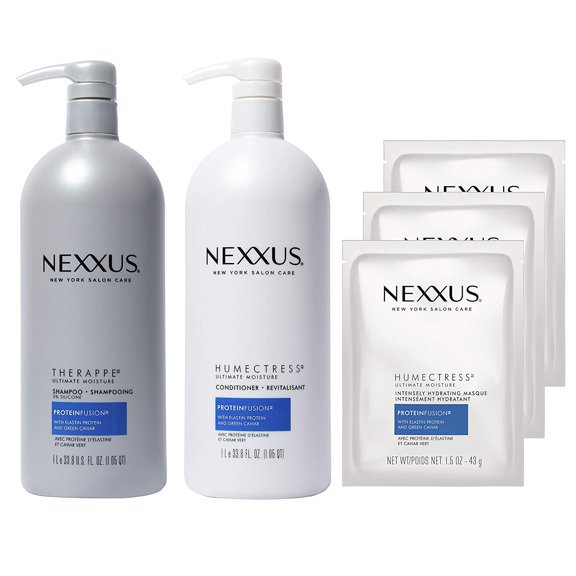 Nexxus Shampoo and Conditioner and 3 Hair Treatment Masks for Dry Hair Therappe Humectress Silicone-Free, Moisturizing Caviar Complex and Elastin Protein 33.8 oz, 2 count and 1.5 oz, 3 count(5 pack)