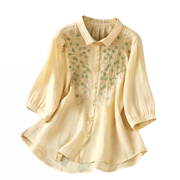 LEKWK Linen Tops for Women V Neck Button Down Summer Tops Short Sleeve Lightweight Floral Embroidered Loose Shirts Fashion Beach Vacation Daily Outfits