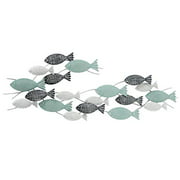 WHW Whole House Worlds School of Fish Metal Wall Decor Art, Teal, White, Grey and Silver, Made by Hand, Vintage Details, Iron, 43.25 Inches, Bas-Relief Sculpture