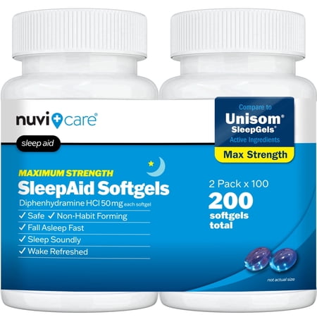 NUVICARE Maximum Strength SleepAid Soft Gels - Nighttime Sleep Aid with Diphenhydramine HCl 50mg - Non Habit Forming Sleeping Pills for Adults - Extra Strong OTC Sleep Aids for Adults (2 Pack)