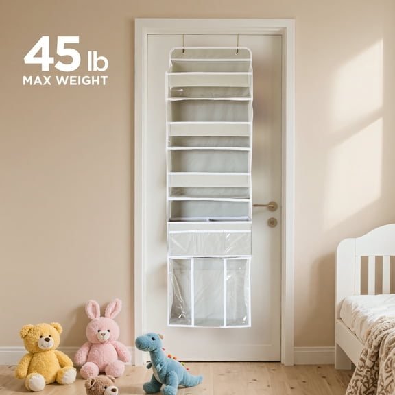 Babyomi Over-the-Door-Organizer with 5-Tier 19-Pocket and 1 Move Pocket, Mental Hooks Hanging Storage Hanging Storage for Baby Nursery Bathroom, Gray