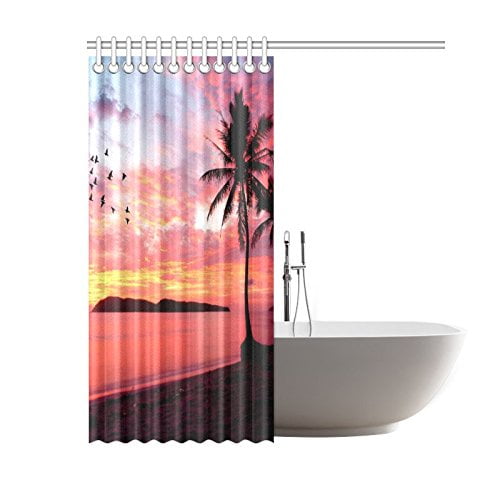 Waterproof polyester Shower Curtain with hooks Bathroom Sunset trees and birds