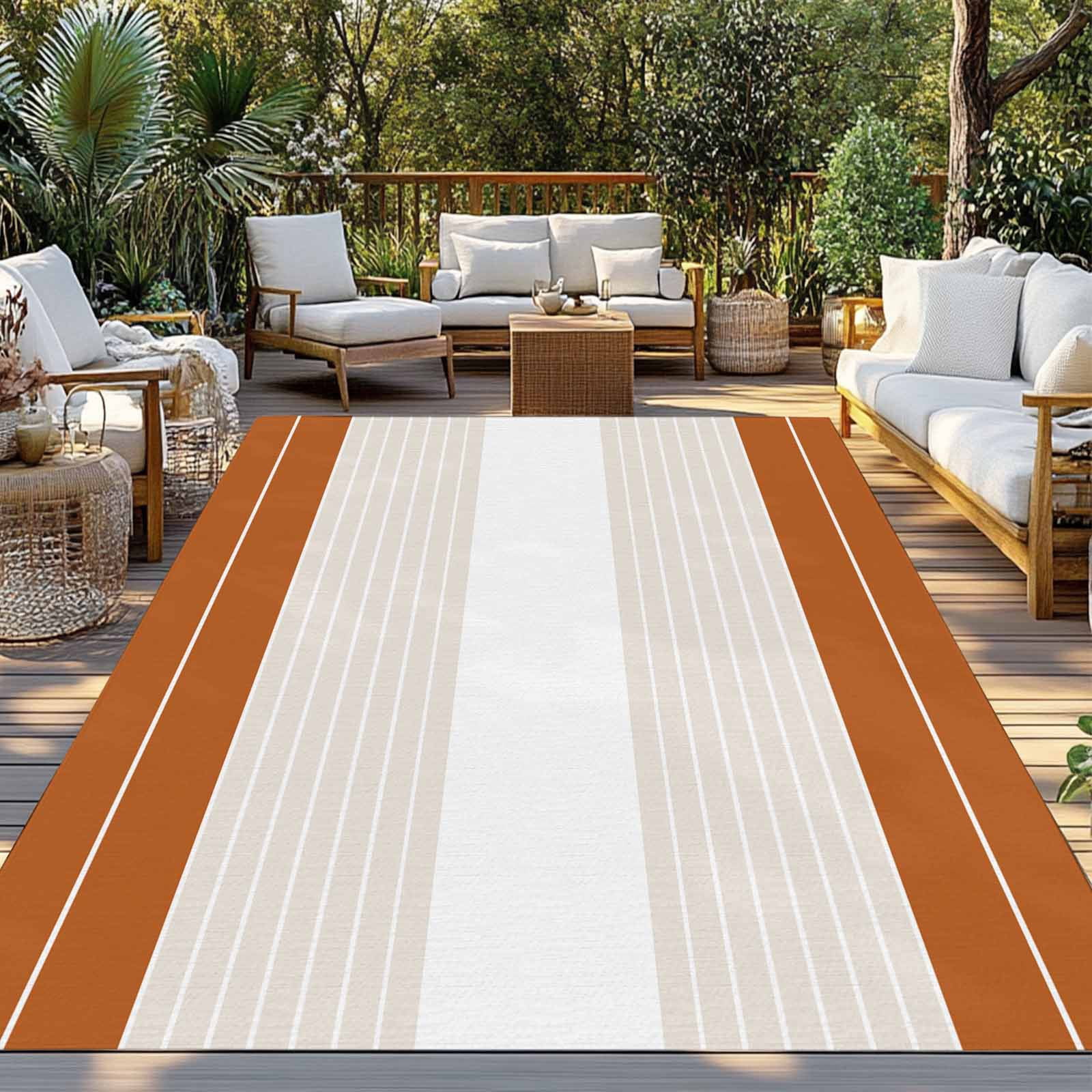 Orange Beige Stripe Outdoor Rug 5x8 Ft - Reversible Patio Rug Outdoor Camping Rugs, Modern Art Horizontal Striped Washable Indoor Outdoor Area Rugs, Non-Slip Outdoor Carpet Runner for Deck/Porch