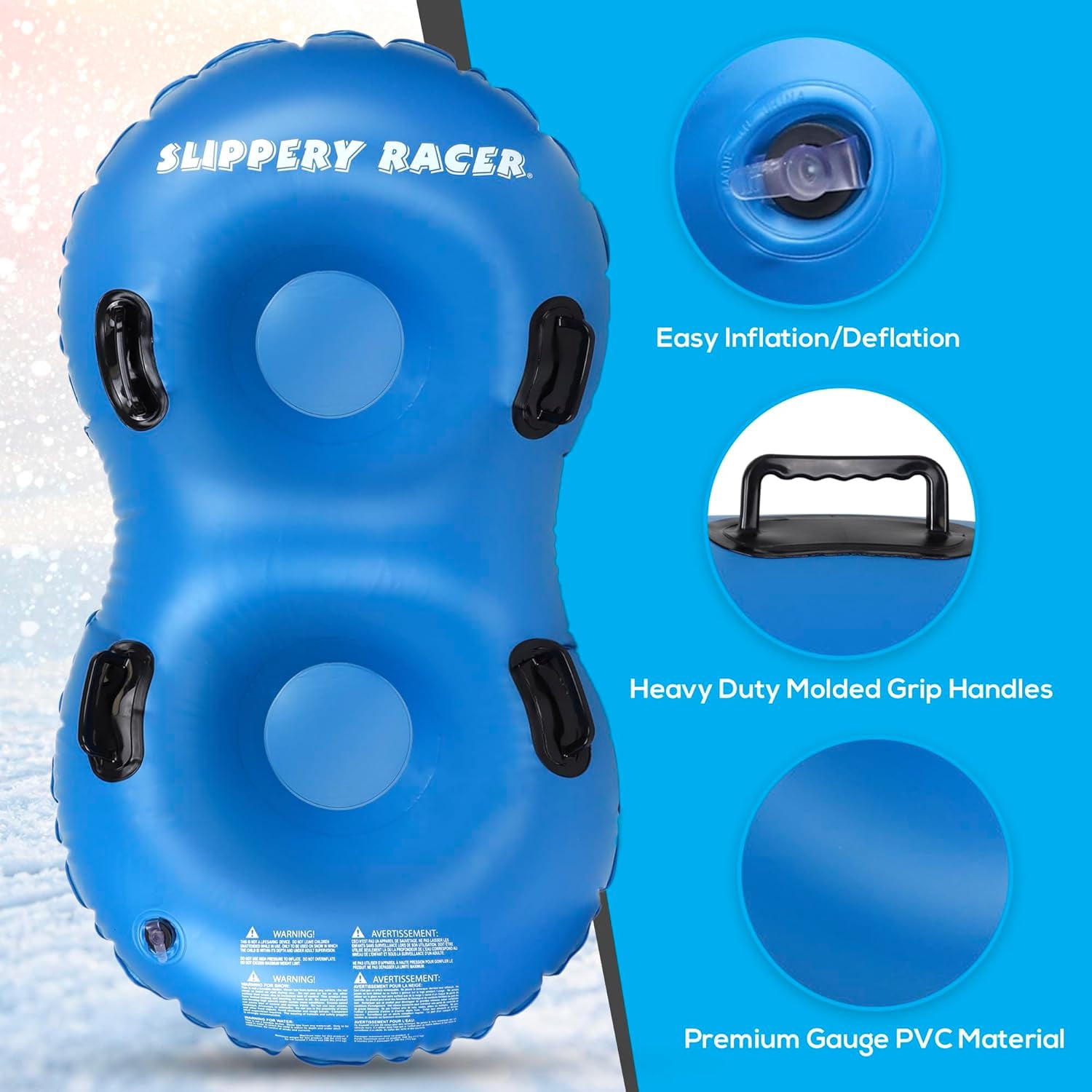 Slippery Racer AirDual Inflatable Snow Tube Sled for 2 Riders, Blue