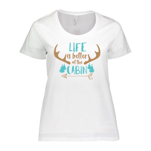 Inktastic Life Is Better At The Cabin, Deer Antlers, Camping Women's Plus Size T-Shirt
