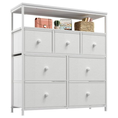 HYYYYH White Dresser for Bedroom with 7 Drawers and 2 Shelves White TV Stand Dresser with Wooden Top and Metal Frame Tall Dressers & Chest of Drawers for Bedroom Nursery Closets White