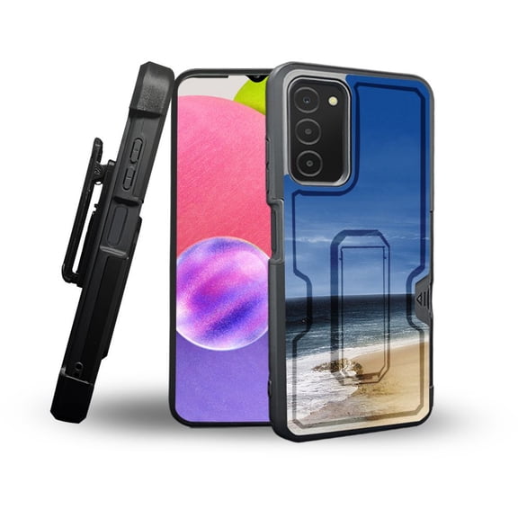 ANJ  Rugged Shockproof Holster Case Card Slot Kickstand   Tempered Glass Cover for Samsung Galaxy A03s - Ocean Beach