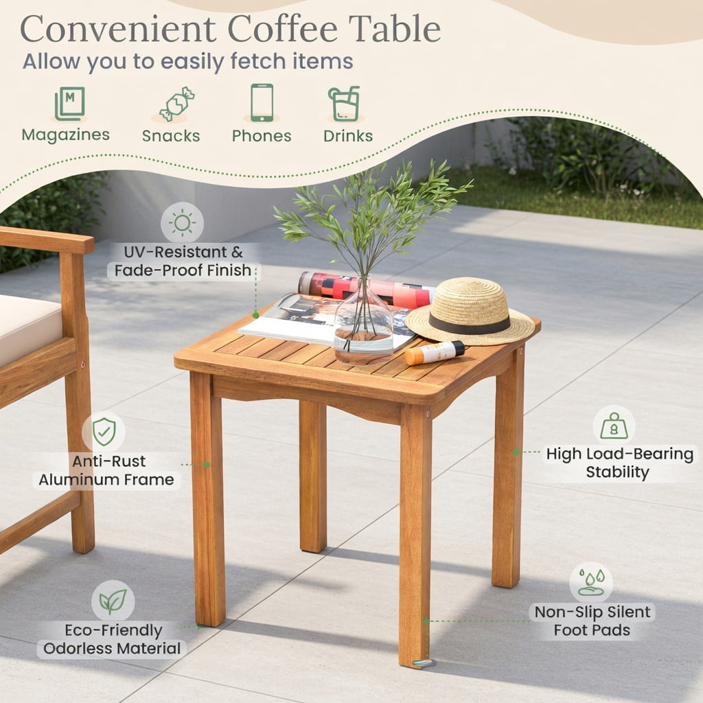 Hommoo 3-Piece Acacia Wood Patio Furniture Set, Outdoor Chair Set with Ergonomic Slatted Design & Matching Coffee Table for Backyard, Poolside, Balcony, White