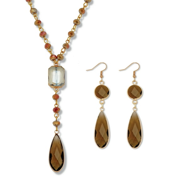 Smoky Crystal Goldtone Drop Necklace and Crystal Earrings 2-Piece Set