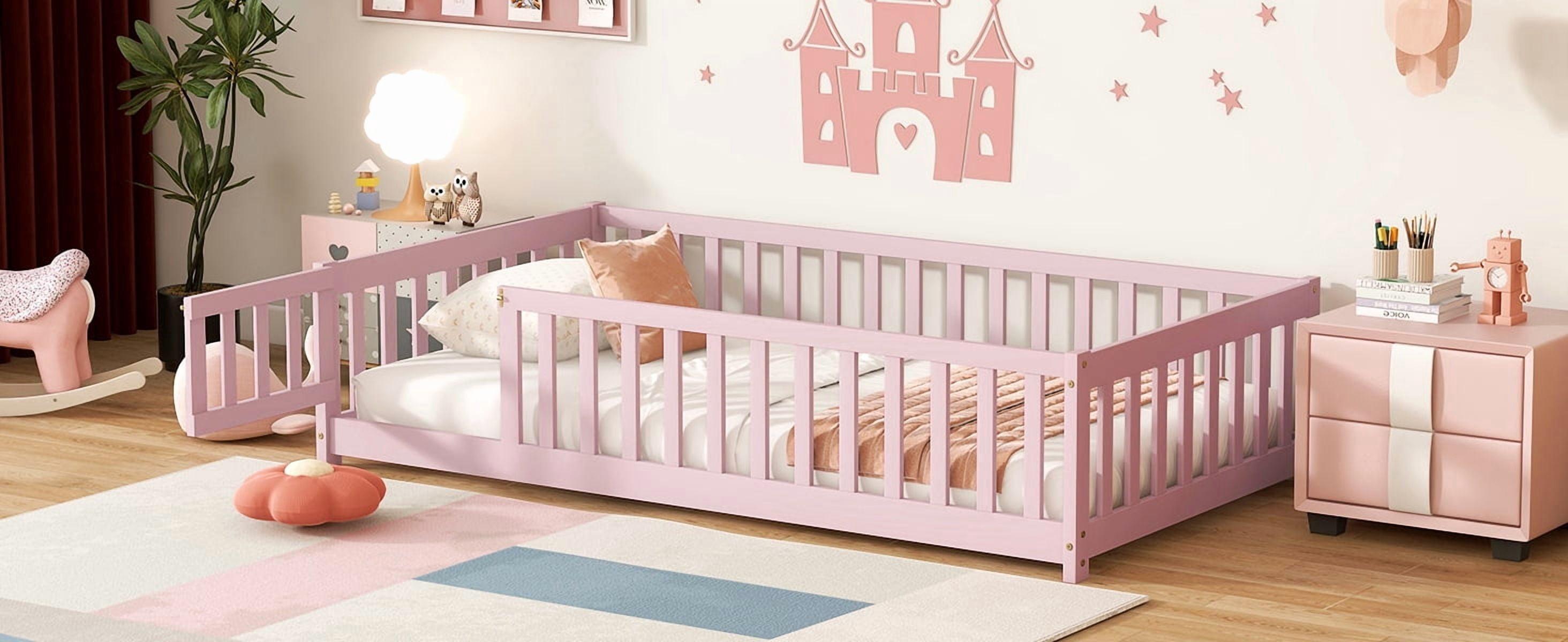 Twin Size Floor Bed with Fence and Door,Rubber Wood Floor Bed with Safety Guardrails,Pink