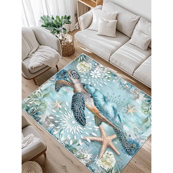 Ocean Turtle Area Rug for Bedroom 3x5 Ft Nautical Retro Blue Starfish Sealife Super Soft fuzzy Throw Rug Non-Slip Fluffy Plush Indoor Floor Carpet for Living Room Nursery Home Decor
