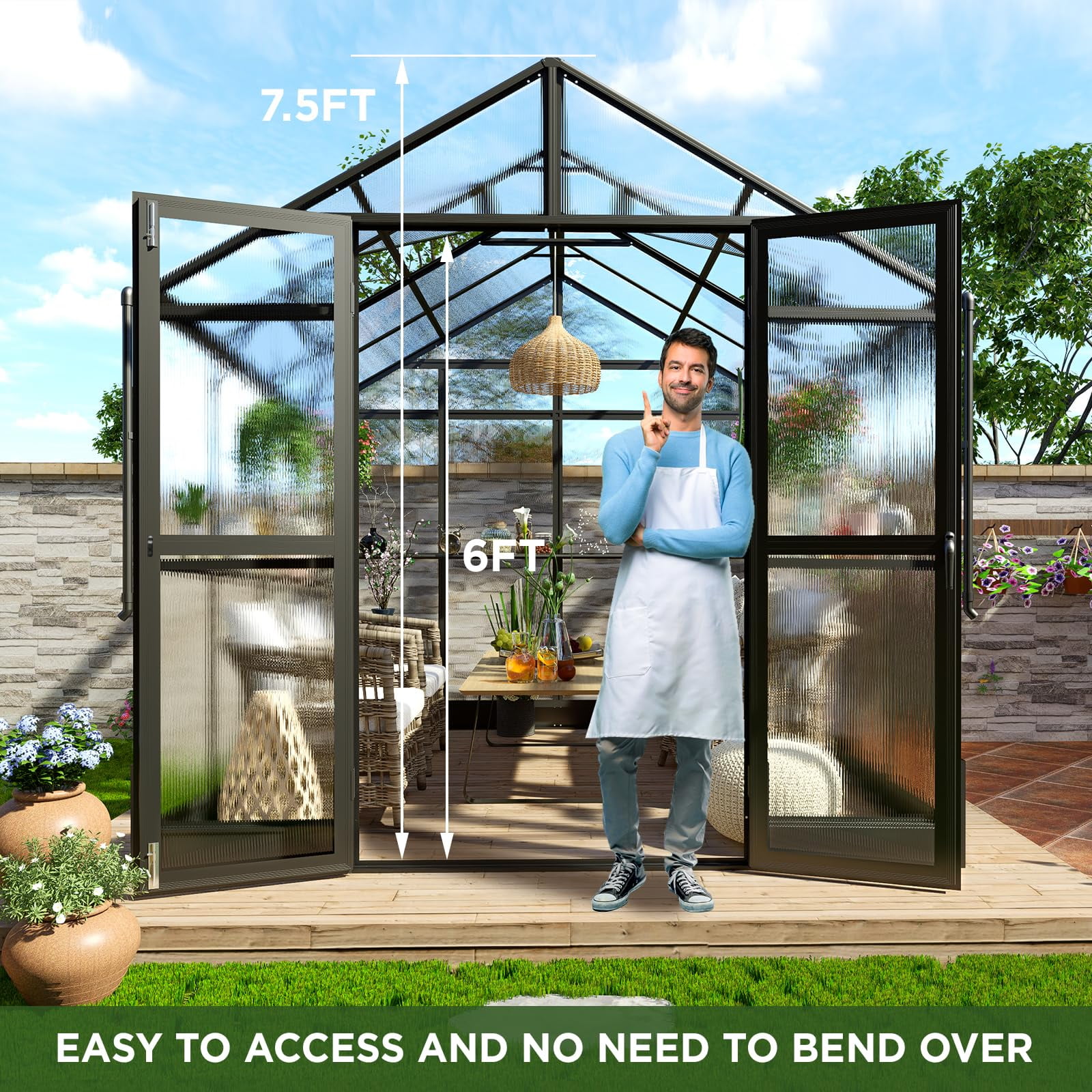 Jocisland 8x8x7.5 ft Outdoor Aluminum Polycarbonate Walk in Greenhouse with Ventilation and Rain Gutter, Double Doors with Hook for Outdoors (Black)
