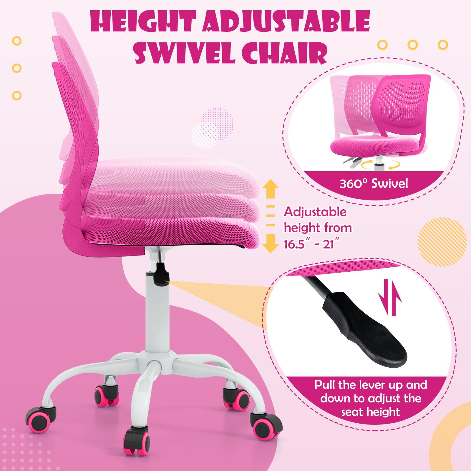 Giantex Kids Desk Chair, Adjustable Swivel Chair for Children, Armless Mesh Task Student Study Chair w/Lumbar Support & Adjustable Height, Rolling Computer Chair, Rose