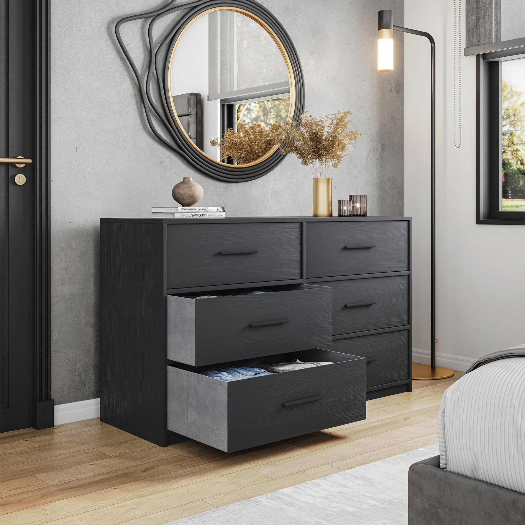 6-Drawer Dresser with Extra Large Fabric Bins, Wood Frame Storage Organizer for Bedroom, Living Room, or Hallway, Versatile Design Doubles as a TV Stand, Ideal for Home Organization, Black