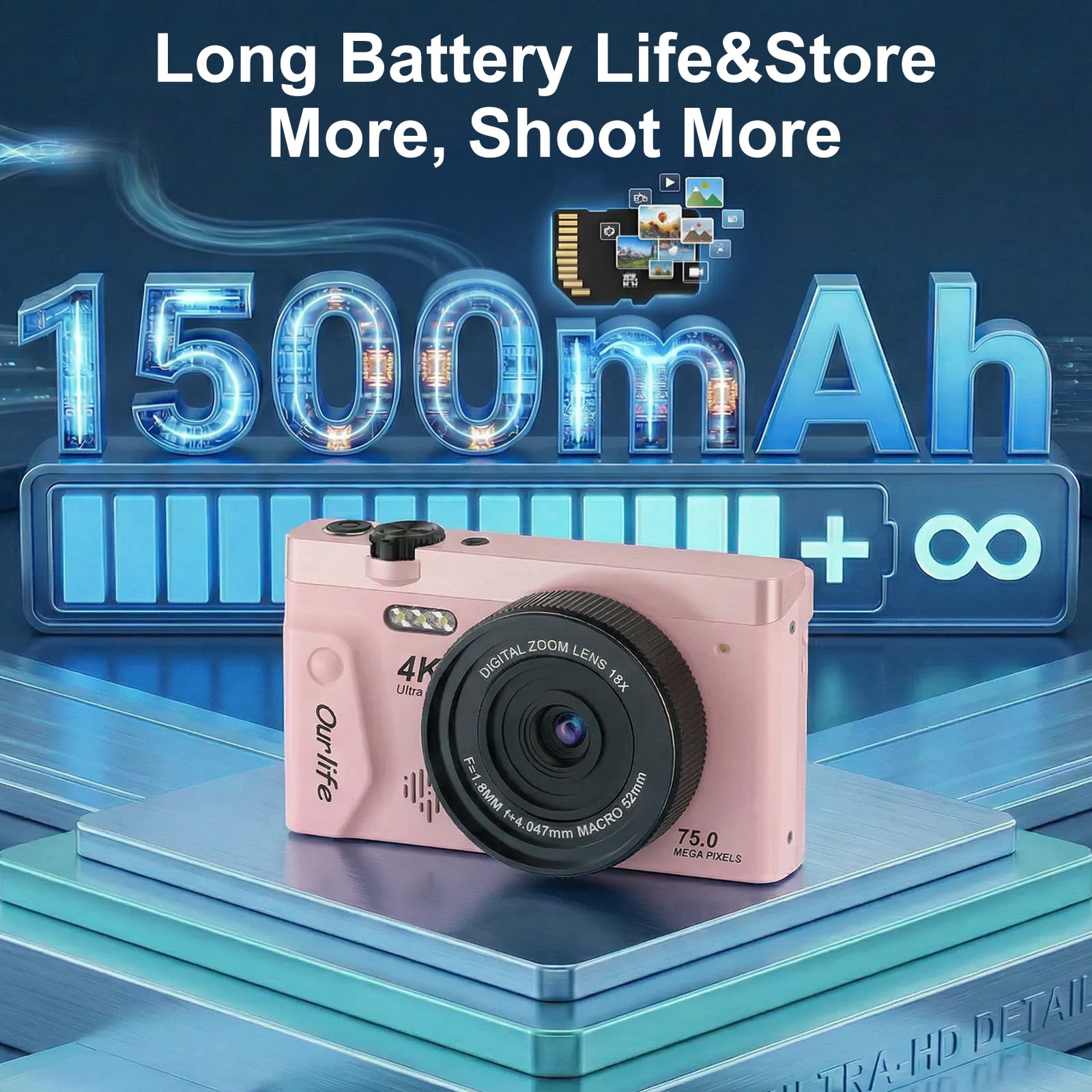 Ourlife 4K 75MP Digital Camera for Photography, Autofocus Vlogging Camera with 18X Zoom, 3" Flip Screen,pink