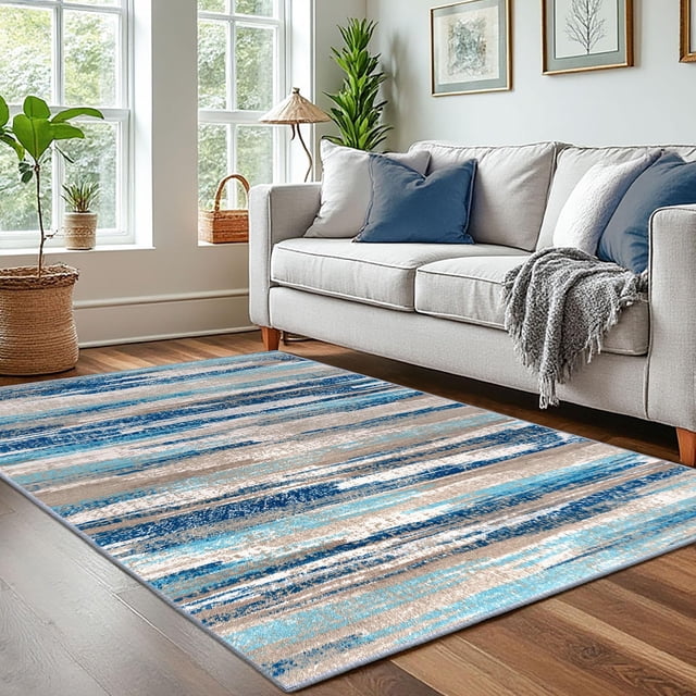 Lansny Modern Abstract 4x6 Living Room Washable Rug Non-Slip Soft Bedroom Area Rug Blue Thin Print Faux Wool Floor Carpet Throw Rugs for Nursery Play
