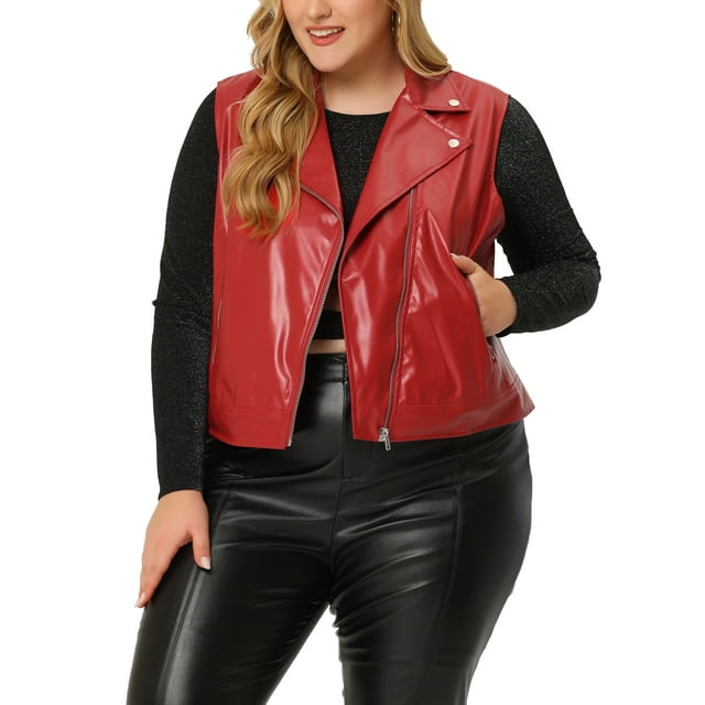 GRACE & GRANDEUR Plus Size Leather Motorcycle Vest for Women Zip Up Notch Lapel Riding Club Biker Vests Jacket Christmas 2X Red