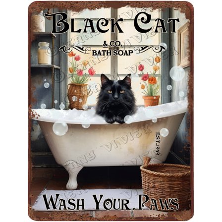 Animals Prints Wall Decor A Cute Black Cat in Bath Pictures Posters Funny Bathroom Wall Art Wash Your Paws Sign Vintage Black Cat Metal Sign 12"x16"