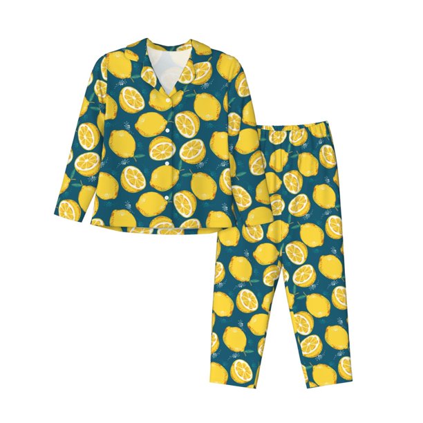 Fotbe Lemon Conjunto de Pijama de Manga Larga para Mujer con Estampado, Ropa de Dormir de 2 Piezas, Conjunto de Casa Suave y Cómodo con Bolsillos-Large