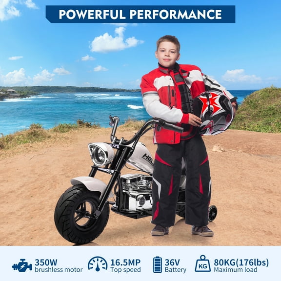 Kids Electric Dirt Bike 36v 350w, Up to 15.5 MPH, 150 Lb Max, 3-Speed Modes, Twist Throttle, Rear Disc Brake, Dual Suspension, LED Headlight, Ride on Motorcycle for Ages 6-10,White