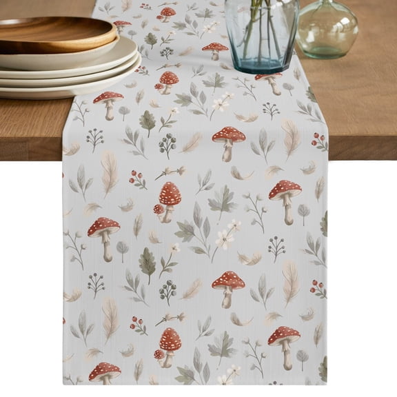 Grey Fall Mushroom Table Runner 90 Inches Long, Dark Farmhouse Botanical Cotton Linen Table Runners Dresser Scarves, Decorative Fabric Tabletop Scarf Furniture Cover for Home Dinner Party 13"x90"