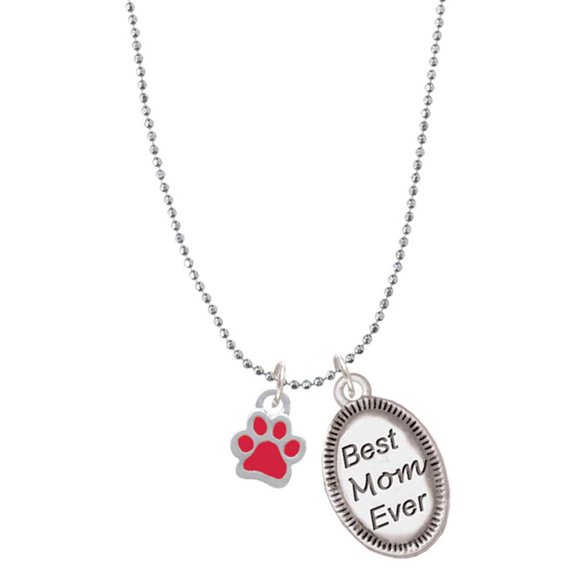 Delight Jewelry Silvertone Mini Translucent Red Paw Best Mom Ever Charm Necklace