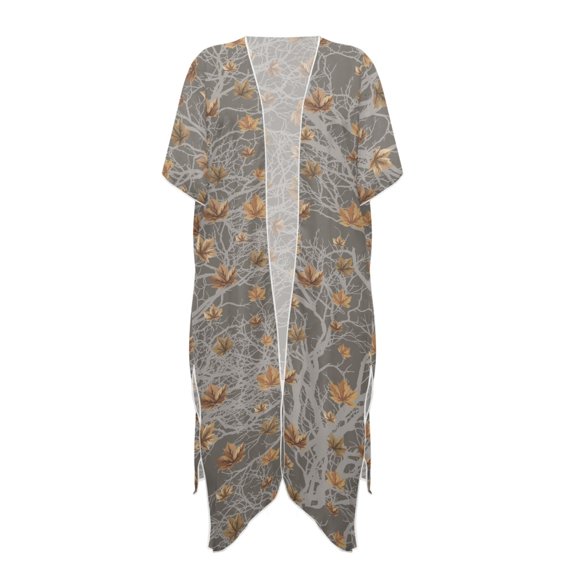 HELLHERO Gray Maple Long Kimono Swimsuit Cover Up Polyester Stylish Free Size Bathing Suit Cover Up for Women