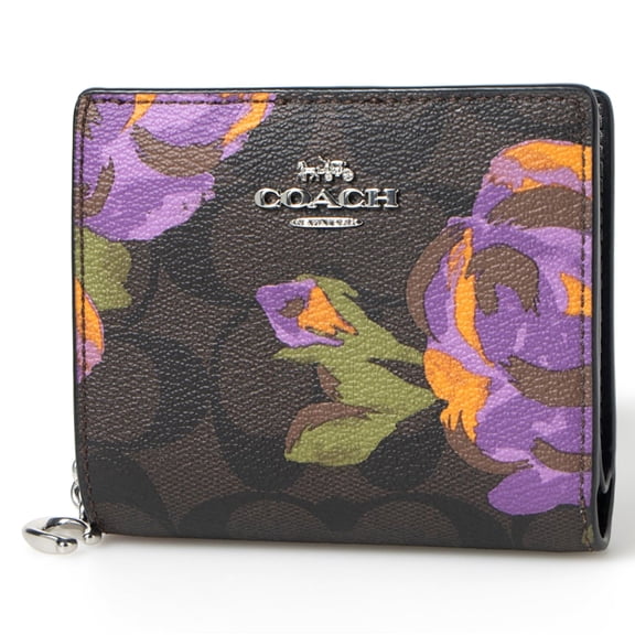 Coach Women's Snap Small Leather Wallet in Signature Canvas with Rose Print (Brown / Iris Multi)