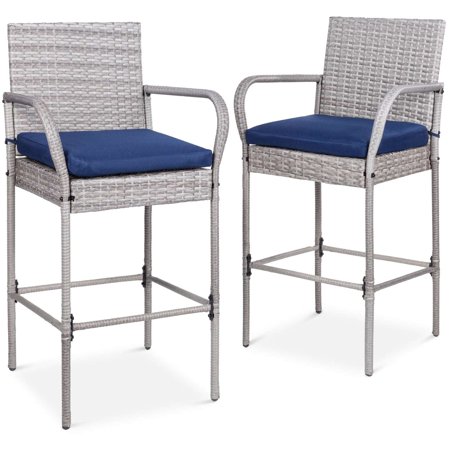 Set of 2 Grey Wicker Bar Stools w/Blue Cushions
