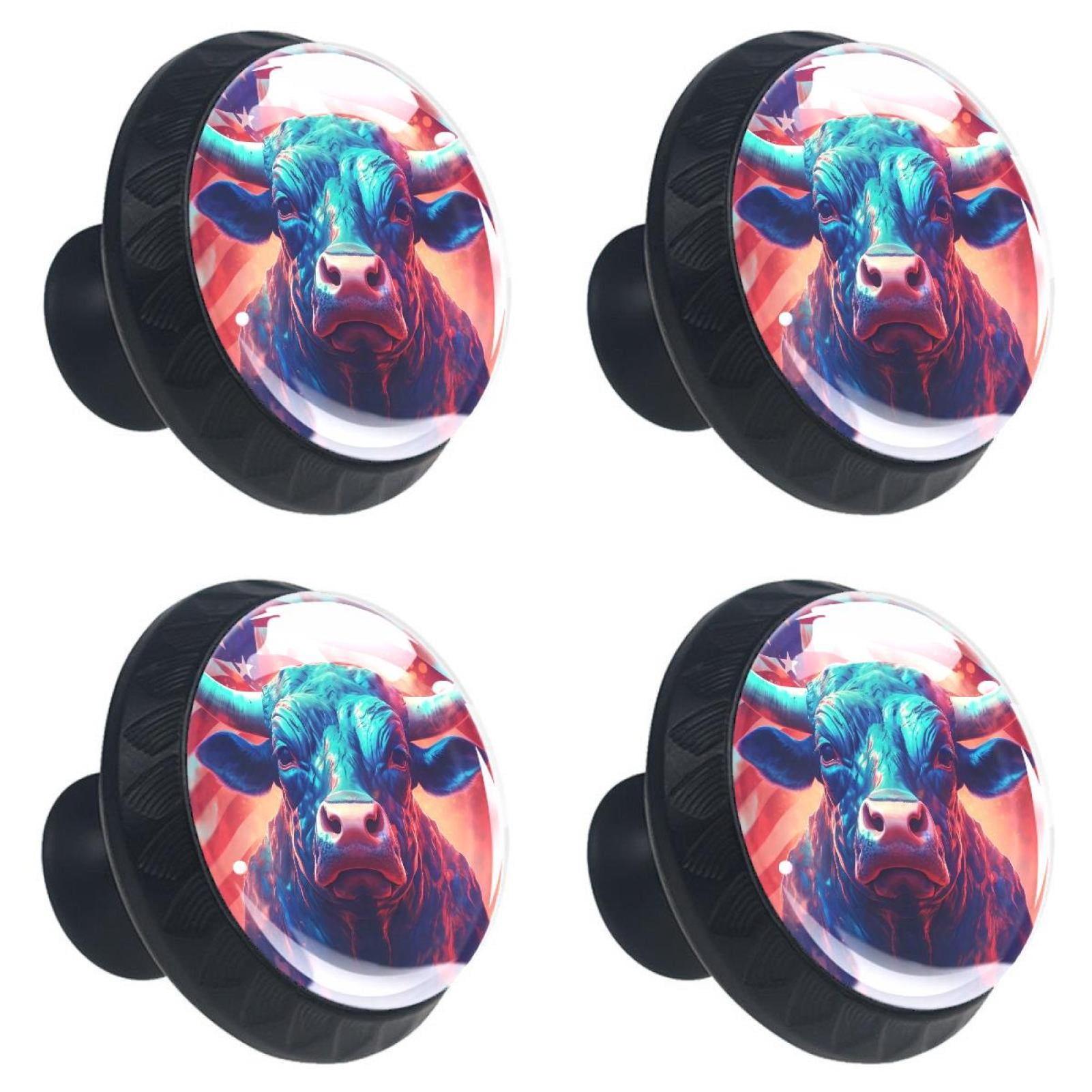 4 Pcs Cow American Flag Knobs for Kitchen Cabinet Cupboard Dresser Bookcase Drawer Pulls Handles Round Home Decor