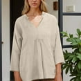 thumbnail image 3 of Viluyesy Women's 3/4 Sleeves T-Shirt V-Neck Shirt Tops Fashionable Cotton Loose Blouse Beige Size M, 3 of 7