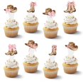 thumbnail image 1 of Topper para cupcakes CYUXING de 48 piezas con botas y sombreros vaqueros, moño rosa, 1 of 7