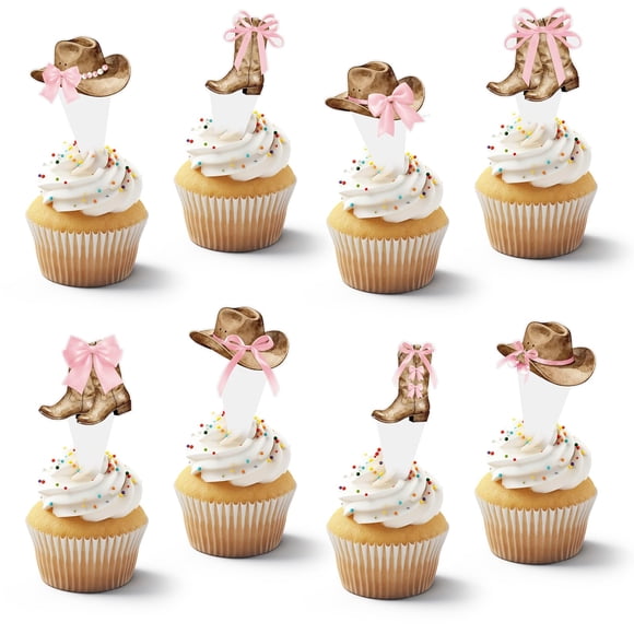 Topper para cupcakes CYUXING de 48 piezas con botas y sombreros vaqueros, moño rosa