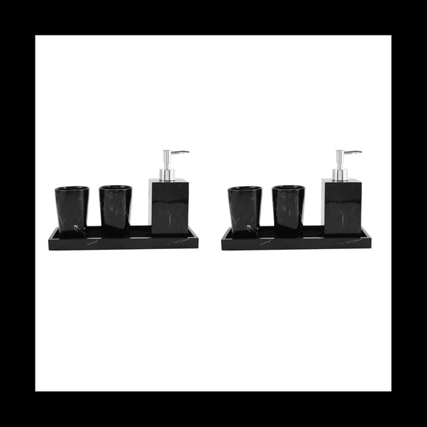 2X Suministros de Baño con Textura de Mármol Negro 4 Piezas Accesorios de Baño de Resina con Dispensador Cepillo de Dientes Soporte Dispensador de Jabón
