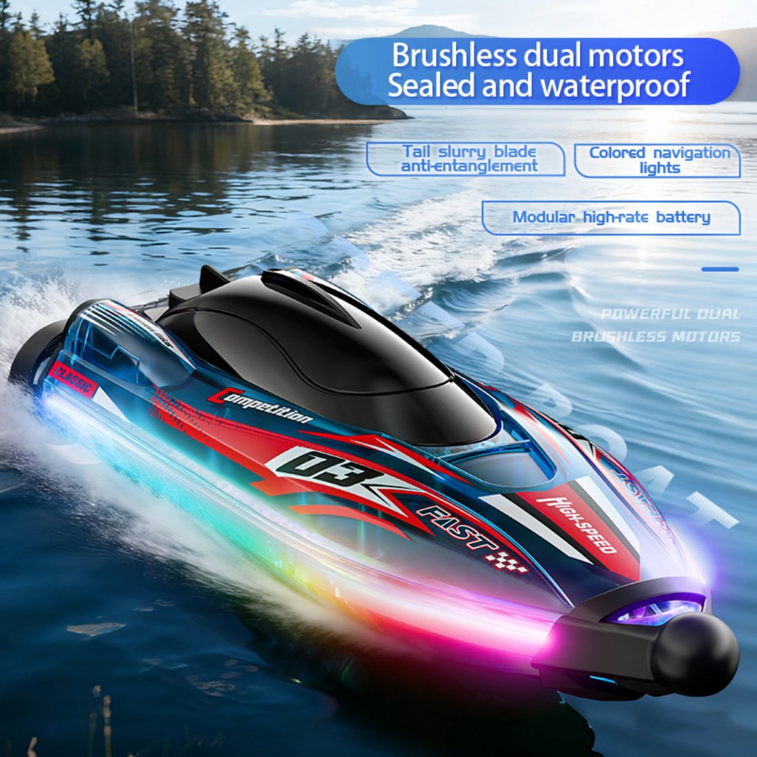 Mini High-Speed RC Boat with Colorful LED Lights, 2.4G Waterproof & Impact-Resistant Brushless RC Racing Car with Dual Motors & Detachable Covers for Pools, Rivers & Lakes - RTR