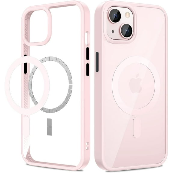 for iPhone 13 & iPhone 14 Magnetic Case with Built in Magnets, Clear Hard PC Back Soft TPU Frame Slim Resist Scratches Shockproof Bumper Case for iPhone 13/iPhone 14 6.1" - Rose Pink