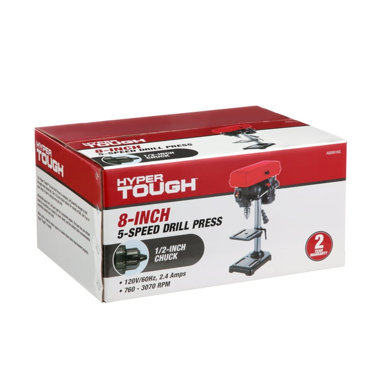 Hyper Tough 2.4 AMP Corded 8 inch Drill Press, 1/2 inch Chuck, 5 Speed with Depth Stop and Three Stem Handle Hyper Tough 2.4 AMP Corded 8 inch Drill Press, 1/2 inch Chuck, 5 Speed with Depth Stop and Three Stem Handle