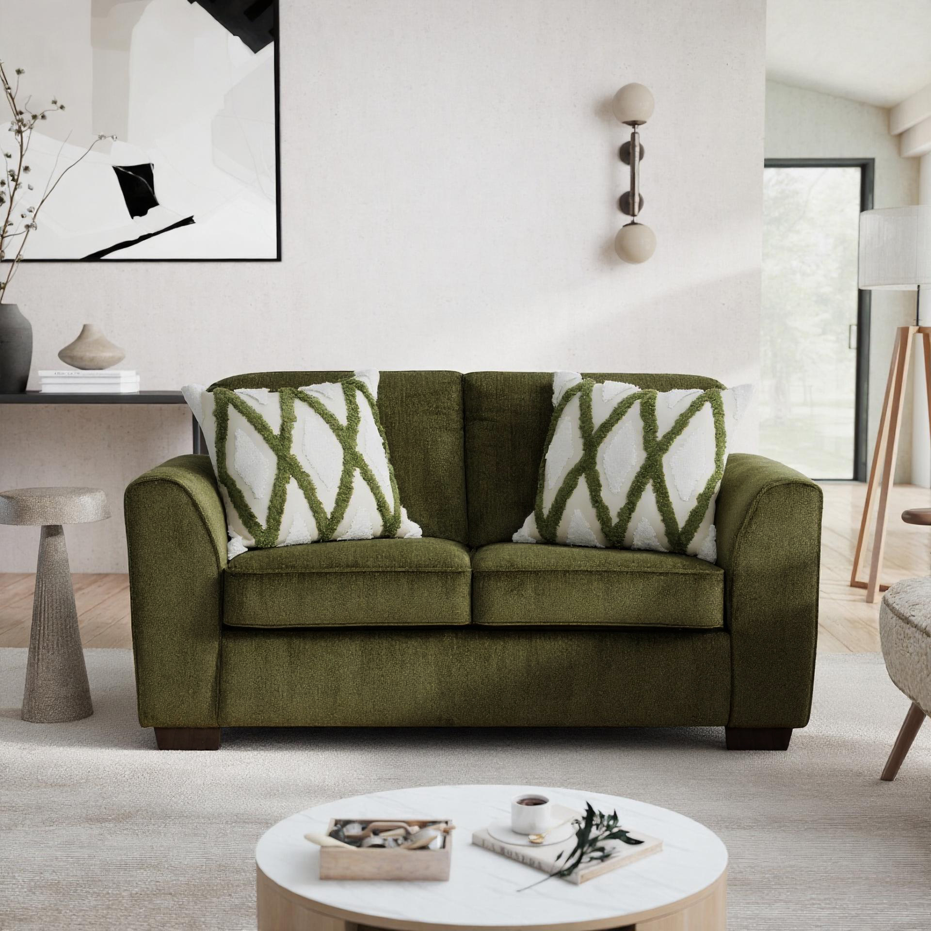 Roundhill Furniture Marvella Living Room Loveseat with Mosswood Chenille Upholstery and Textured Accent Pillows