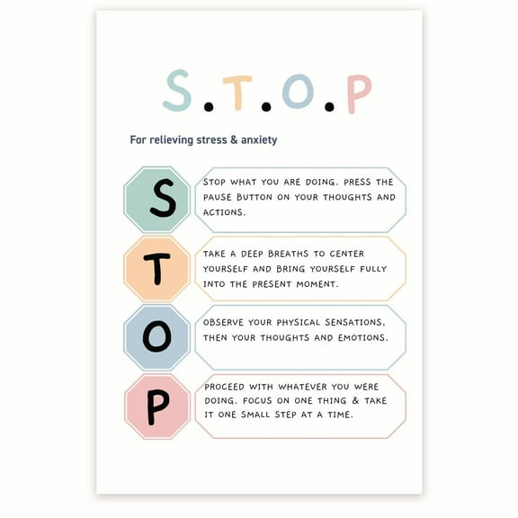 Stop Acronym For Relieving Stress and Anxiety Poster - Stress Relief Poster - Coping Skills Poster - Self Help Poster - 12 x 18 Inch Poster - Unframed - Premium 100lb Gloss - Made In USA - BMCP0286